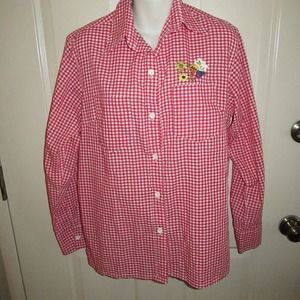 Helen Cerda Hand Embroidered Red Gingham Shirt Vintage 1970s sz 14